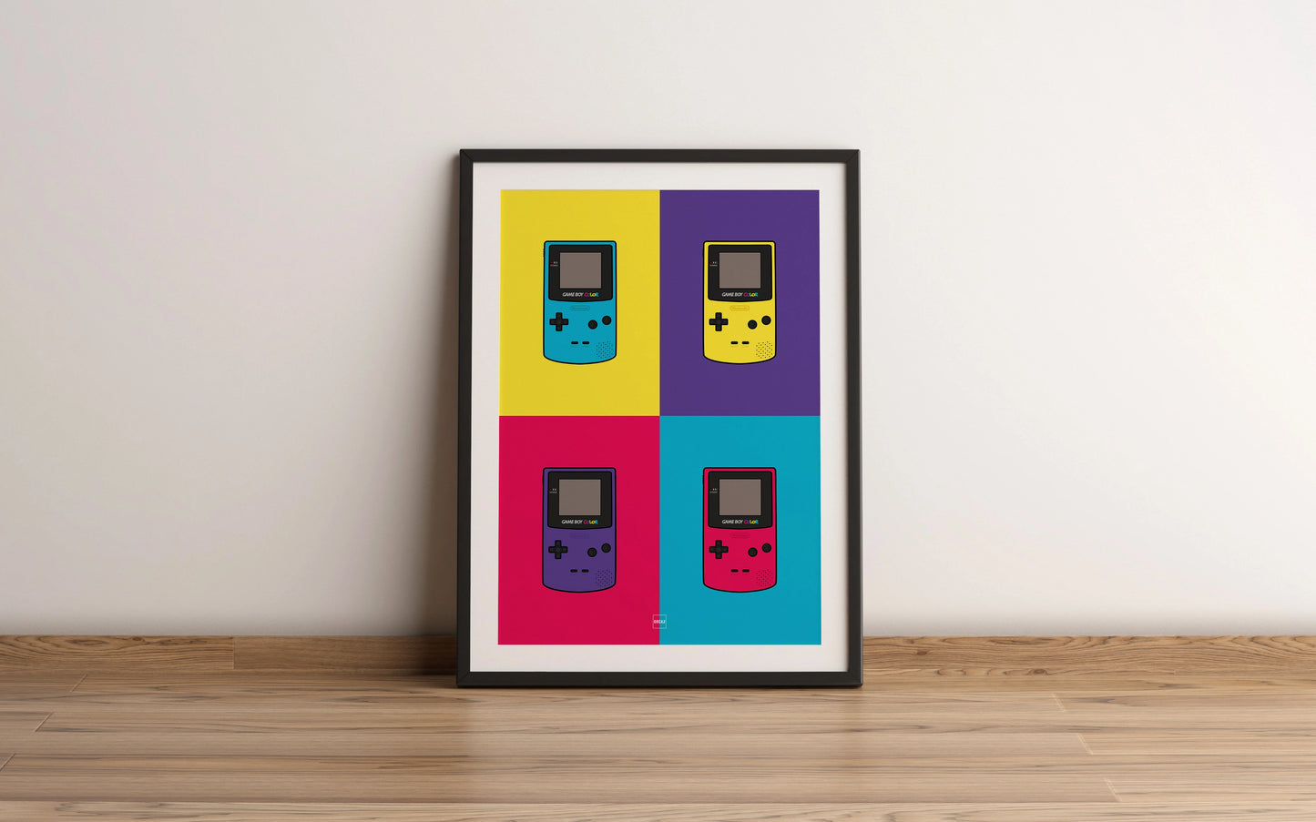 Affiche en quatre couleurs pour présenter la Game Boy Color de Nintendo.