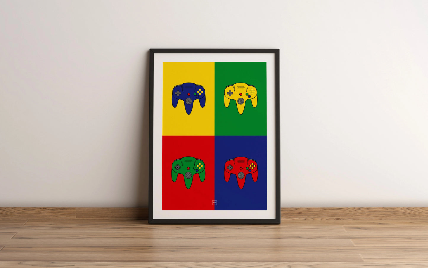 Aperçu de notre affiche en hommage à la manette de Nintendo 64 dans un style pop art très coloré.