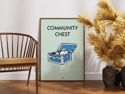 Affiche décorative avec encadrement inspirée de l'illustration caisse de communauté du jeu Monopoly.