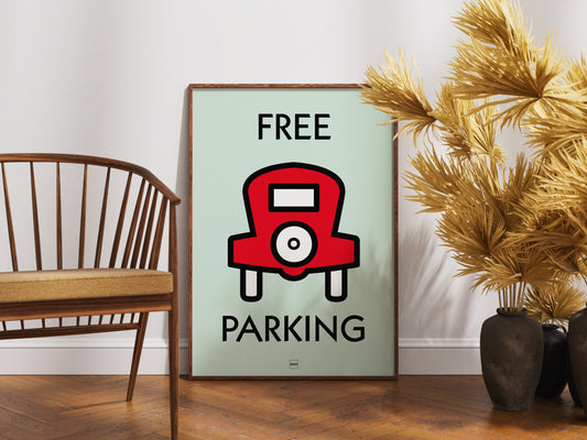 Affiche décorative avec encadrement inspirée de l'illustration parc gratuit du jeu Monopoly.