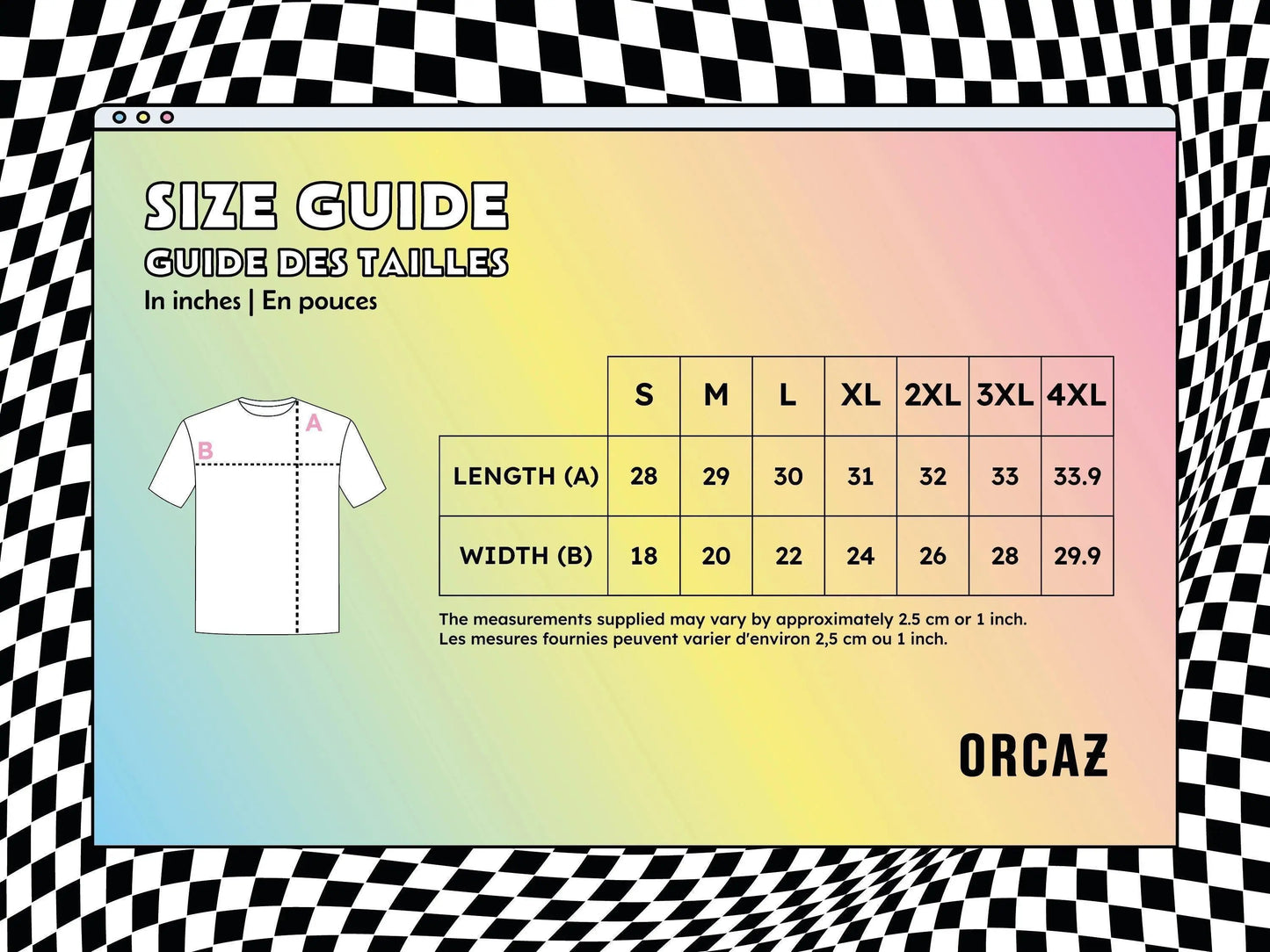 Guide des tailles des t-shirts Orcaz Designs en pouces