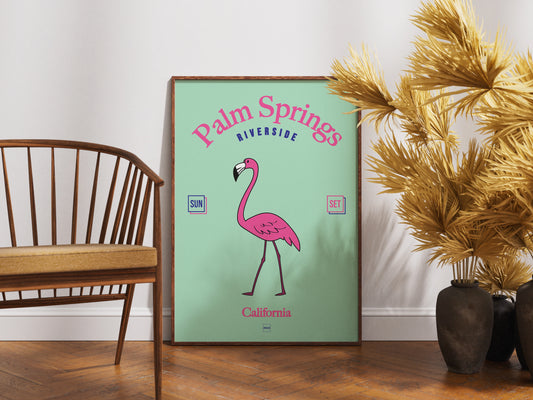 Affiche avec encadrement sur le thème de Palm Springs avec un flamant rose sur fond vert turquoise.