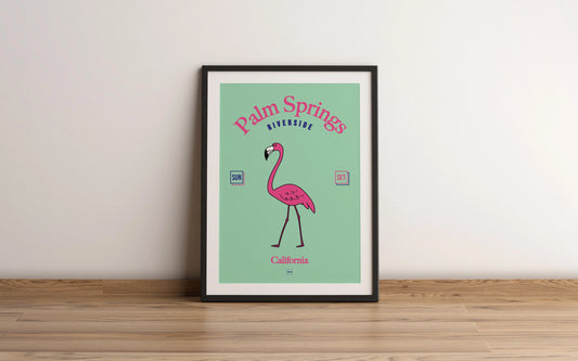 Poster avec encadrement sur le thème de Palm Springs avec un flamant rose sur fond vert turquoise.