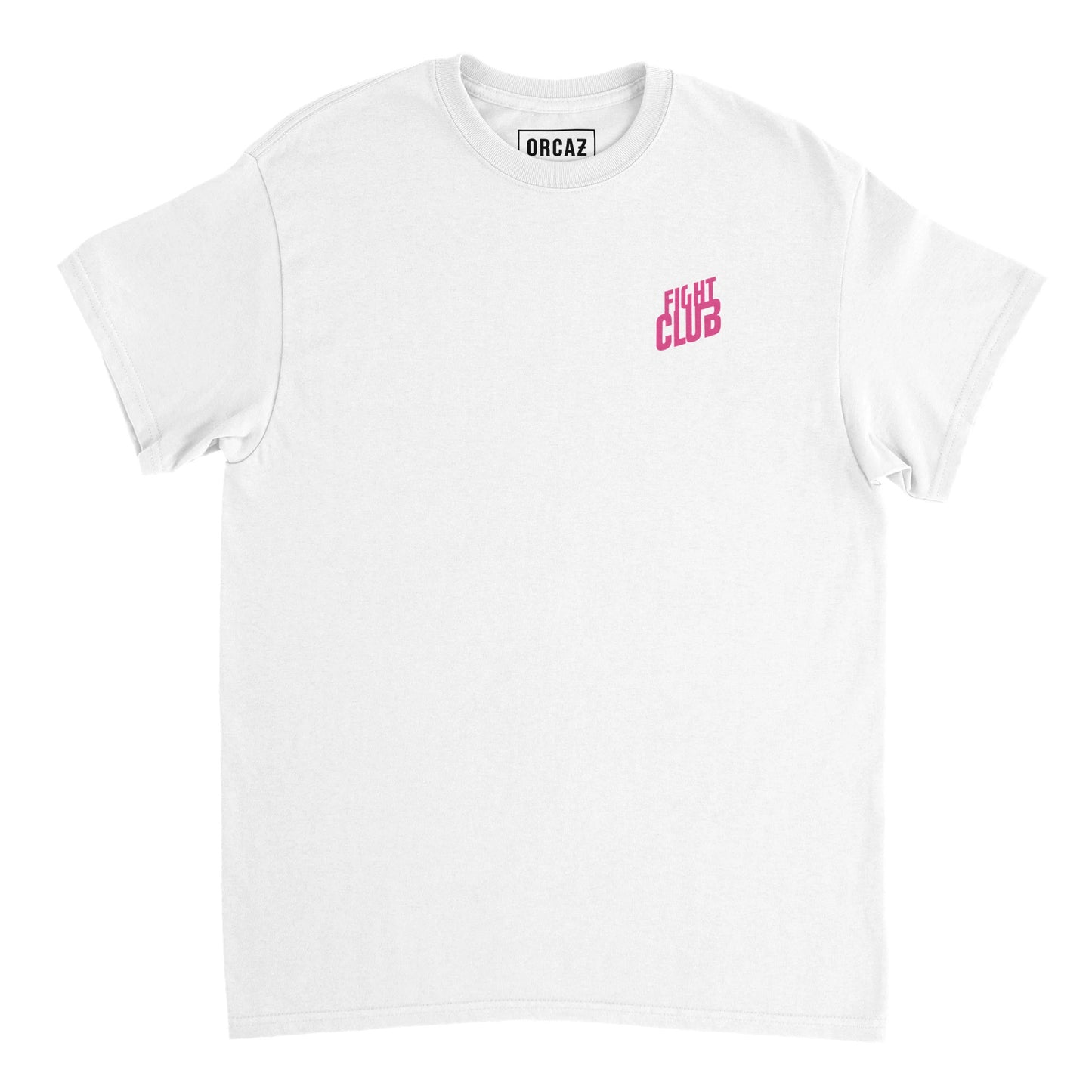 T-shirt blanc avec "Fight Club" imprimé en rose au niveau du coeur.
