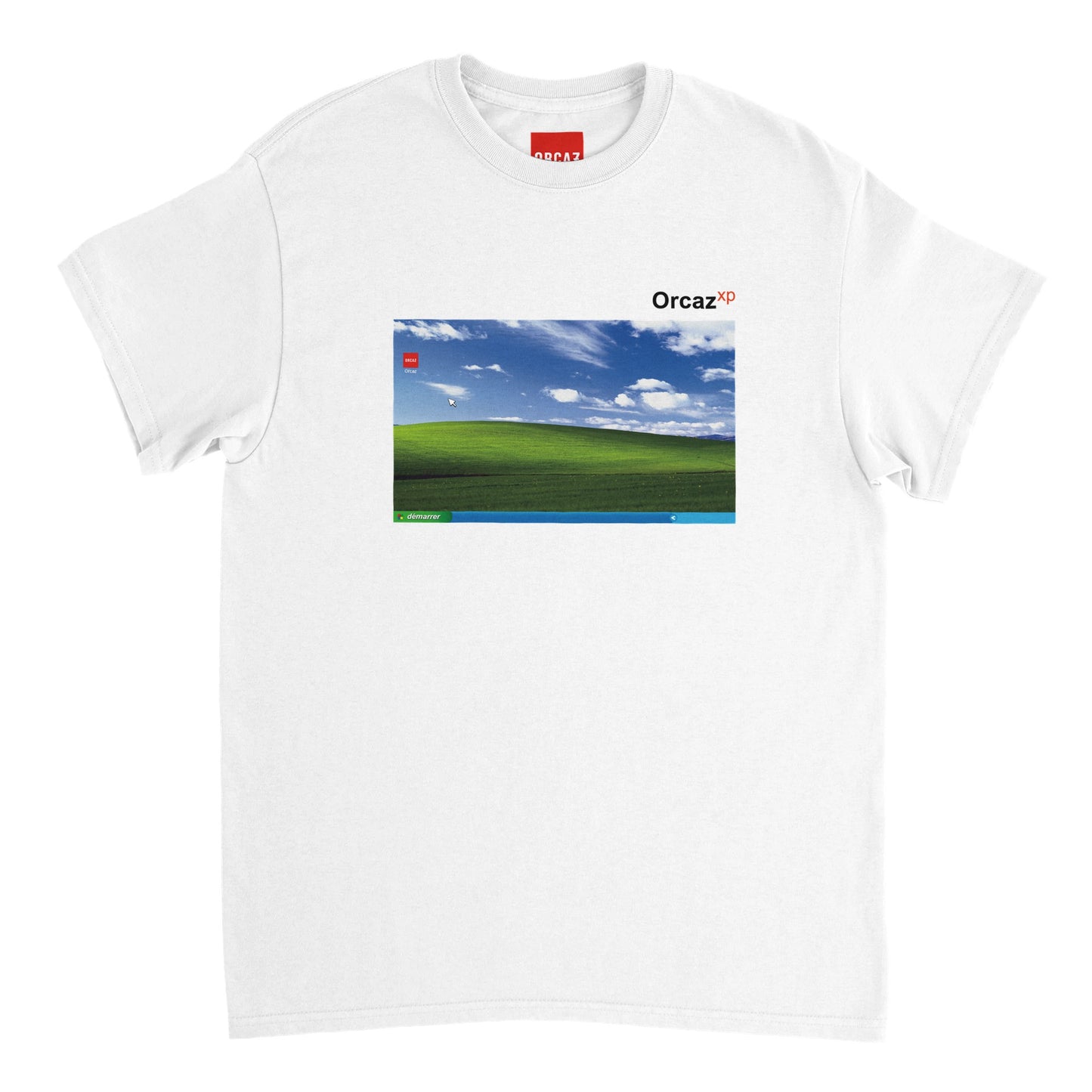 Aperçu du t-shirt blanc Orcaz Designs avec "Bliss" le fond d'écran de Windows XP imprimé au centre.
