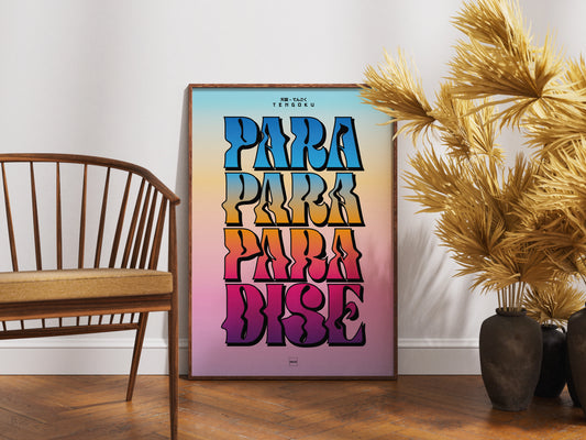 Affiche encadrée typographique avec texte Tengoku en lettres dégradées multicolores sur fond pastel