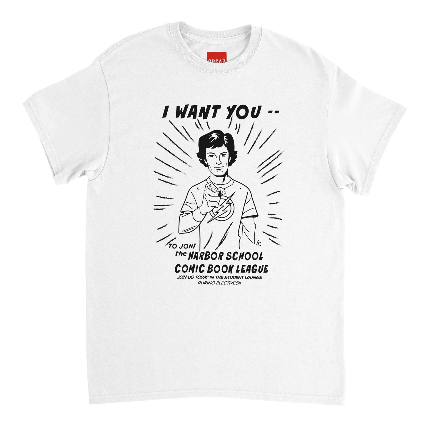 Tshirt blanc avec une illustration de Seth Cohen de la série Newport Beach pour son club de BD de Harbor