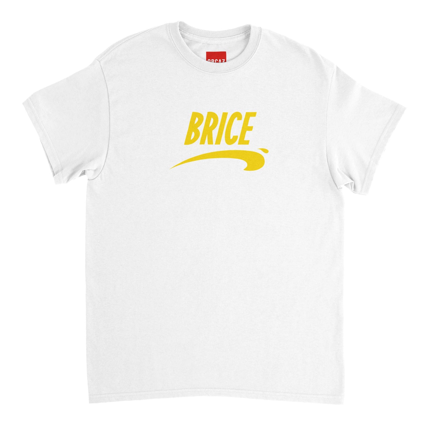 T-shirt blanc avec Brice de Nice imprimé en jaune au centre.