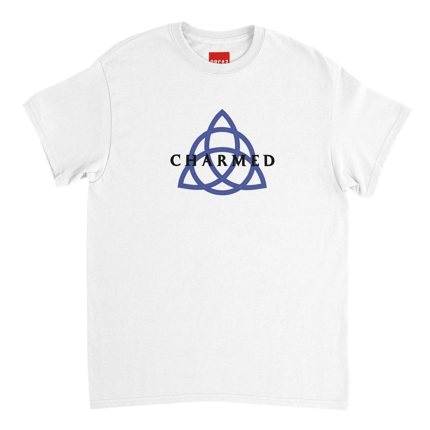 Aperçu du t-shirt blanc de la série Charmed avec le symbole du triquetra imprimé au centre.