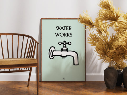 Affiche décorative avec encadrement inspirée de l'illustration compagnie de distribution des eaux du jeu Monopoly.