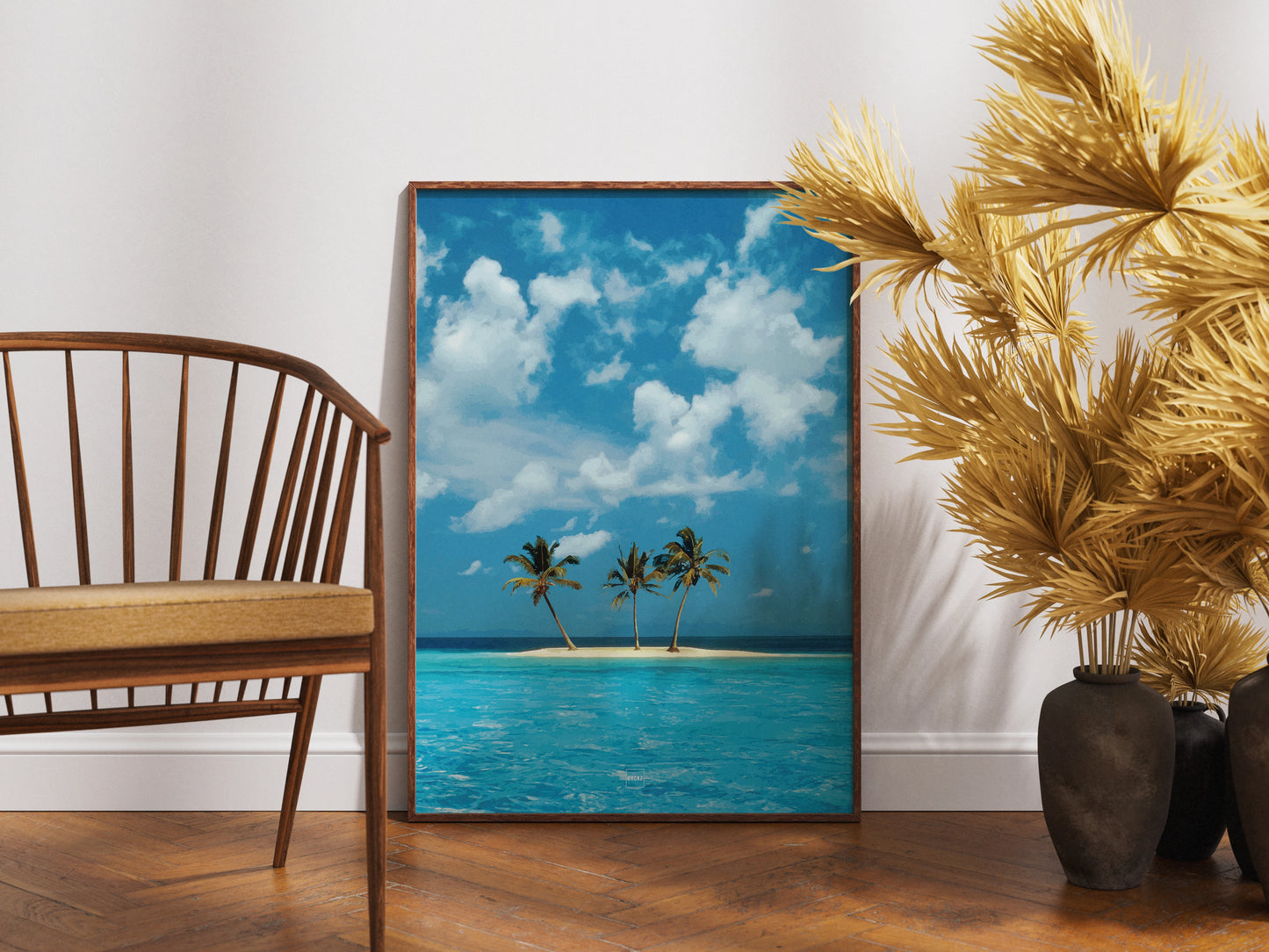 Réplique avec encadrement du fond d'écran Azul avec une petite île tropicale au milieu d'une eau bleu ciel.