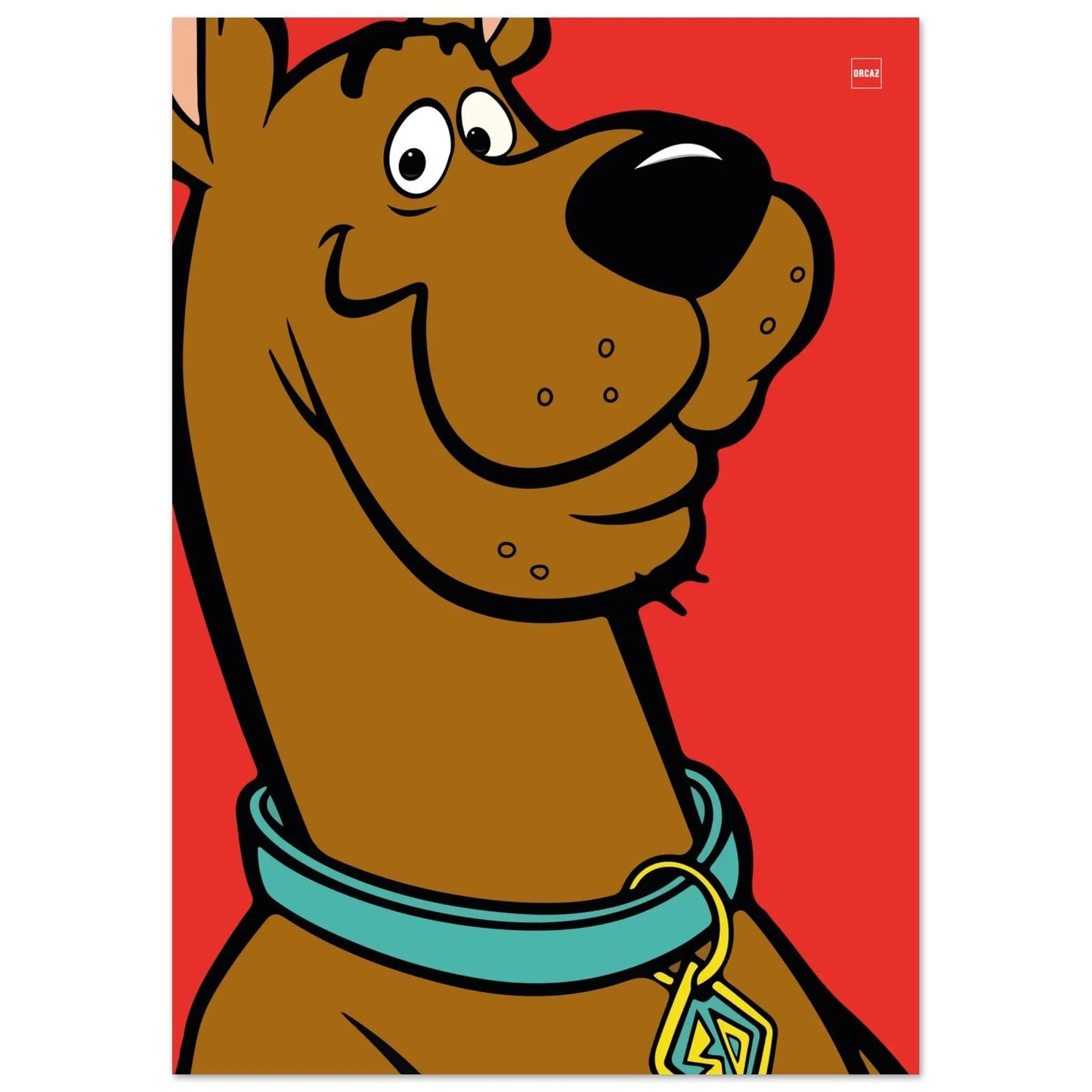 Affiche minimaliste du chien Scooby-Doo sur fond rouge par Orcaz Designs.