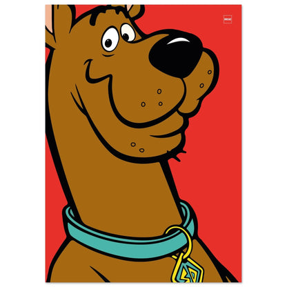 Affiche minimaliste du chien Scooby-Doo sur fond rouge par Orcaz Designs.