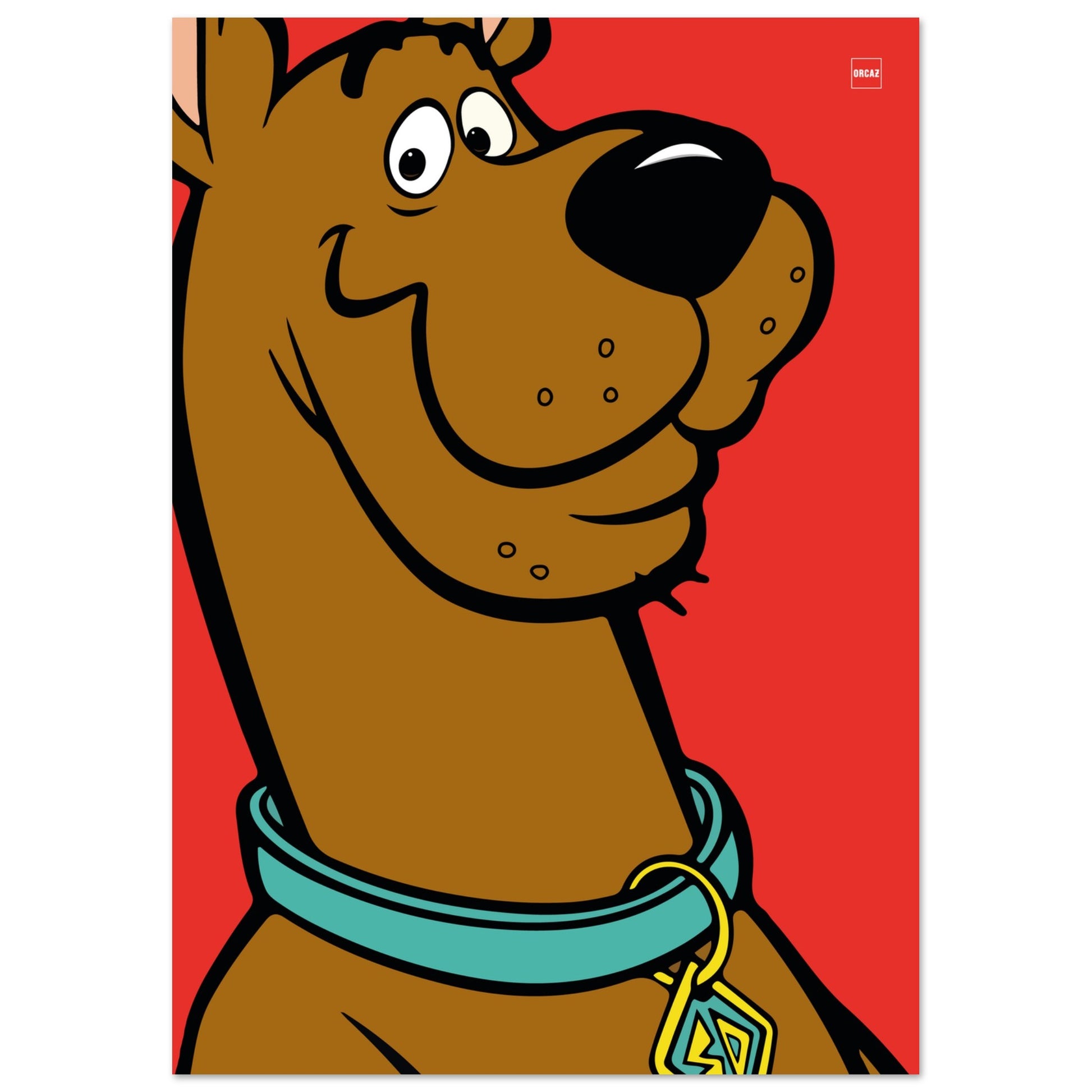 Affiche minimaliste du chien Scooby-Doo sur fond rouge par Orcaz Designs.