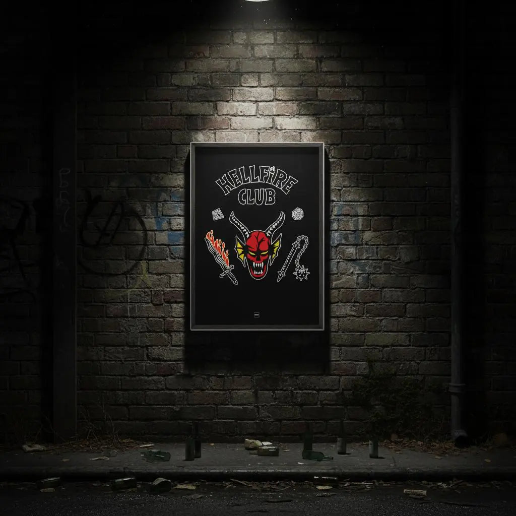 Affiche inspiré du Hellfire Club dans Stranger Things mise en scène dans une rue sombre.