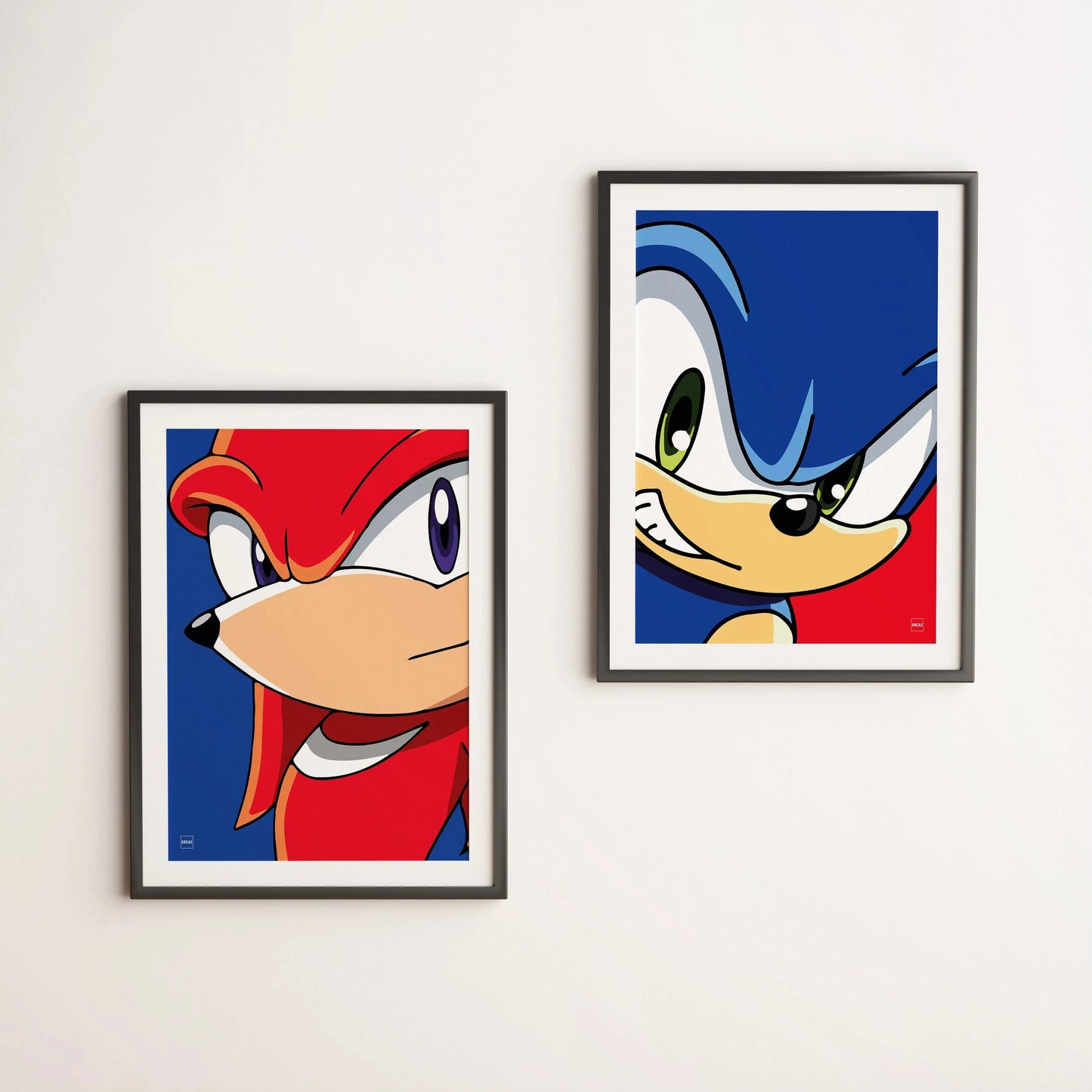 Affiches des personnages Sonic et Knuckles encadrées et accrochées sur un mur.