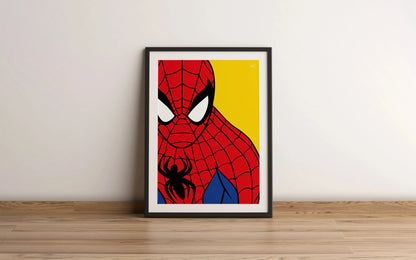 Aperçu de l'affiche de Spider-man sur fond jaune par Orcaz Designs.