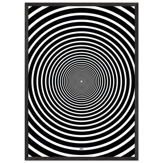 Affiche abstraite en noir et blanc avec un motif de cercles concentriques pour créer un effet optique hypnotique et captivant vers le centre, par Orcaz Designs.