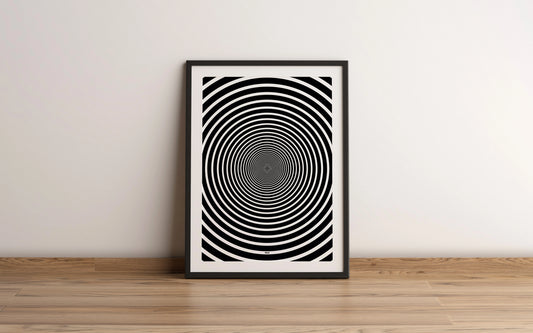 Affiche encadrée abstraite en noir et blanc avec un motif de cercles concentriques pour créer un effet optique hypnotique et captivant vers le centre, par Orcaz Designs.
