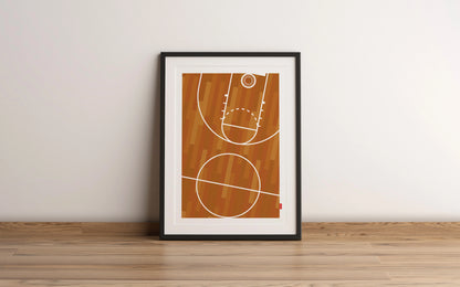 Affiche Orcaz Designs avec un terrain de basket vu de haut.