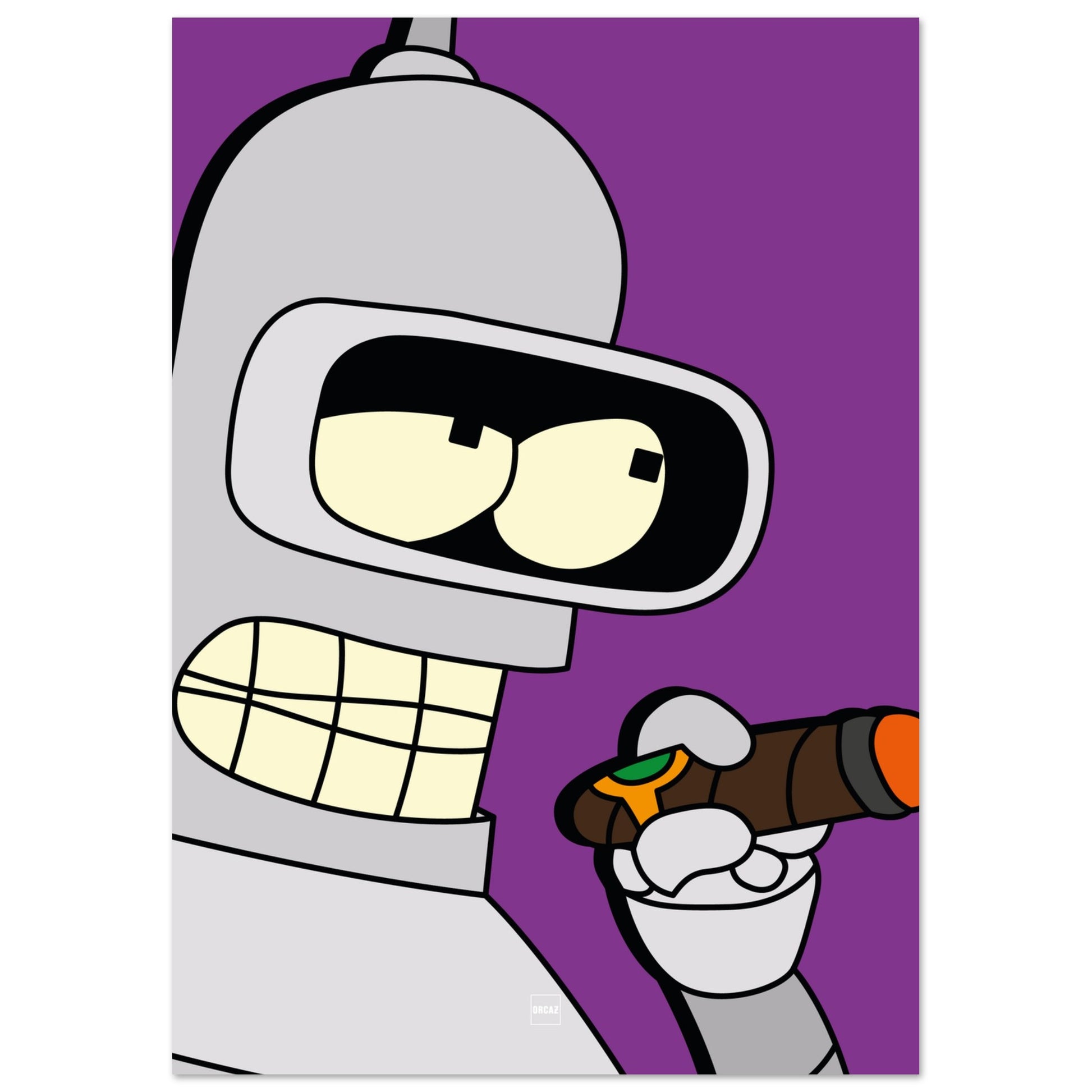 Affiche du personnage Bender sur fond violet par Orcaz.
