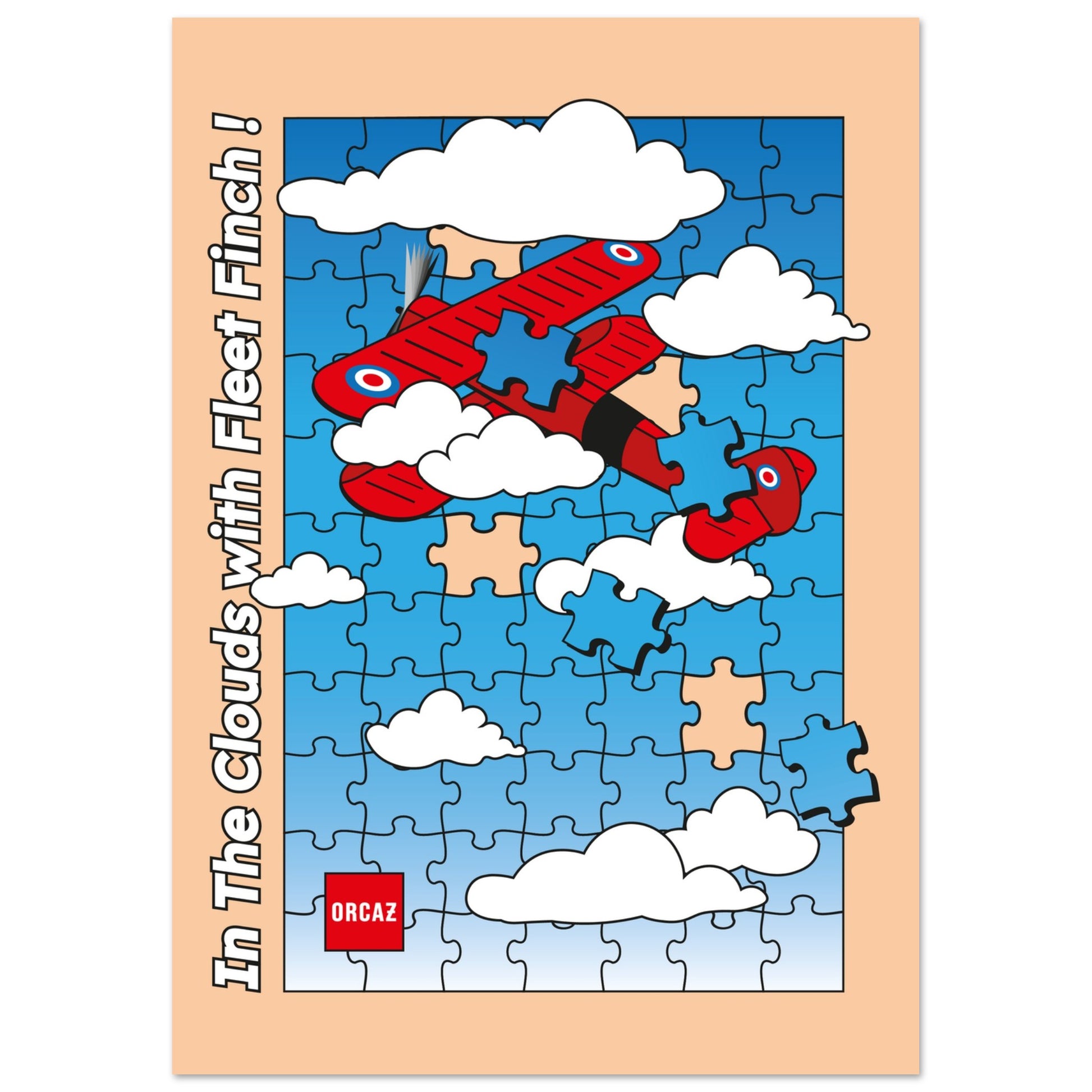 Affiche grand format de l'avion le Fleet Finch se perdant dans un ciel en forme de puzzle. 