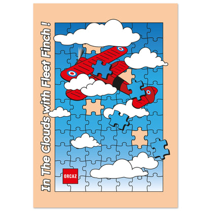 Affiche grand format de l'avion le Fleet Finch se perdant dans un ciel en forme de puzzle. 