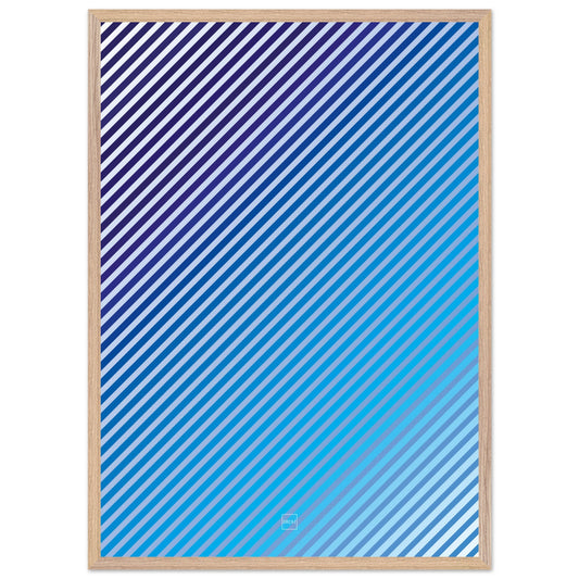 Affiche moderne de couleur bleu se distingue par son motif de lignes diagonales dynamiques qui créent un effet visuel presque psychédélique.