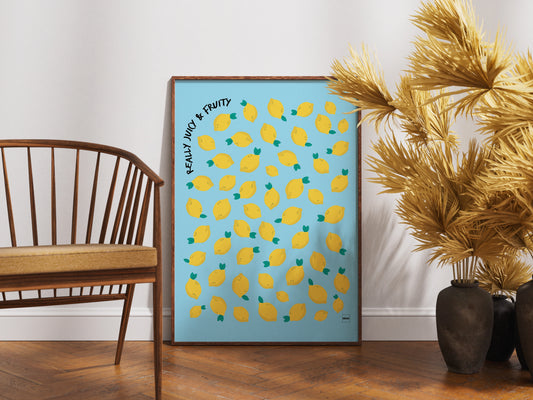 Affiche encadrée avec des illustrations de citrons jaunes sur fond bleu ciel.