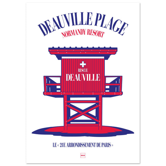 Magnifique affiche en couleurs sur le thème de Deauville avec le poste de secours.