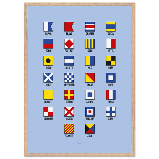 Affiche encadrée en grand format présentant les drapeaux marin sur fond bleu.