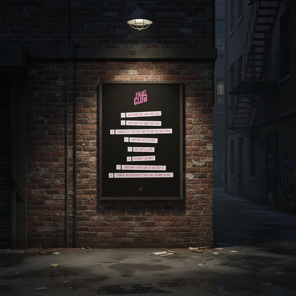 Poster du film Fight Club avec les huit règles du club affichée dans une ruelle sombre.