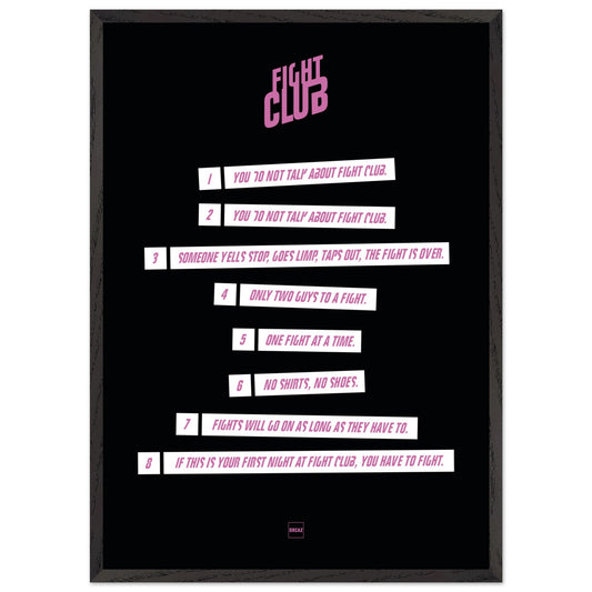 Affiche encadrée du film Fight Club, on retrouve sur fond noir les 8 règles du club de Tyler Durden.
