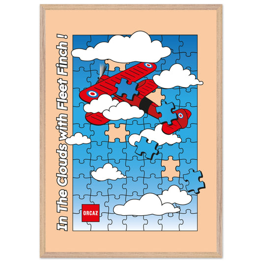Affiche encadrée avec une illustration d'un avion : le Fleet Finch, se perdant dans un ciel en puzzle.