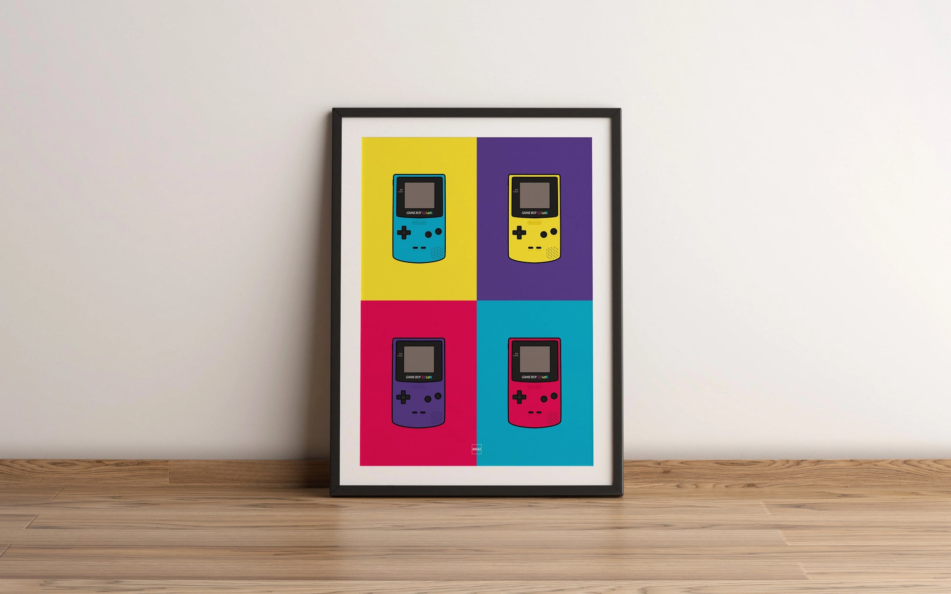 Affiche en quatre couleurs pour présenter la Game Boy Color de Nintendo.
