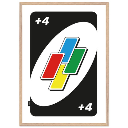 Affiche carte de jeu joker +4 avec cadre en bois