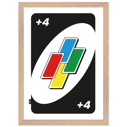 Affiche carte de jeu joker +4 avec cadre en bois