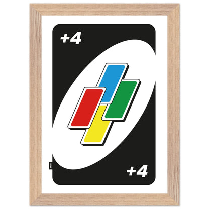 Affiche carte de jeu joker +4 avec cadre en bois