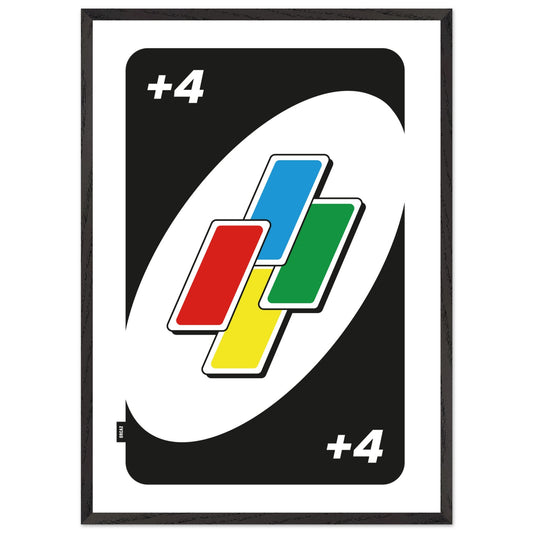 Affiche carte de jeu joker +4 avec cadre en bois