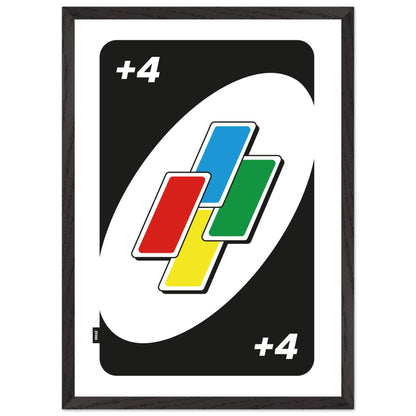 Affiche carte de jeu joker +4 avec cadre en bois
