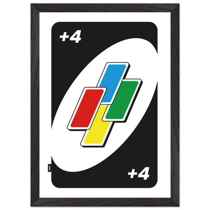 Affiche carte de jeu joker +4 avec cadre en bois
