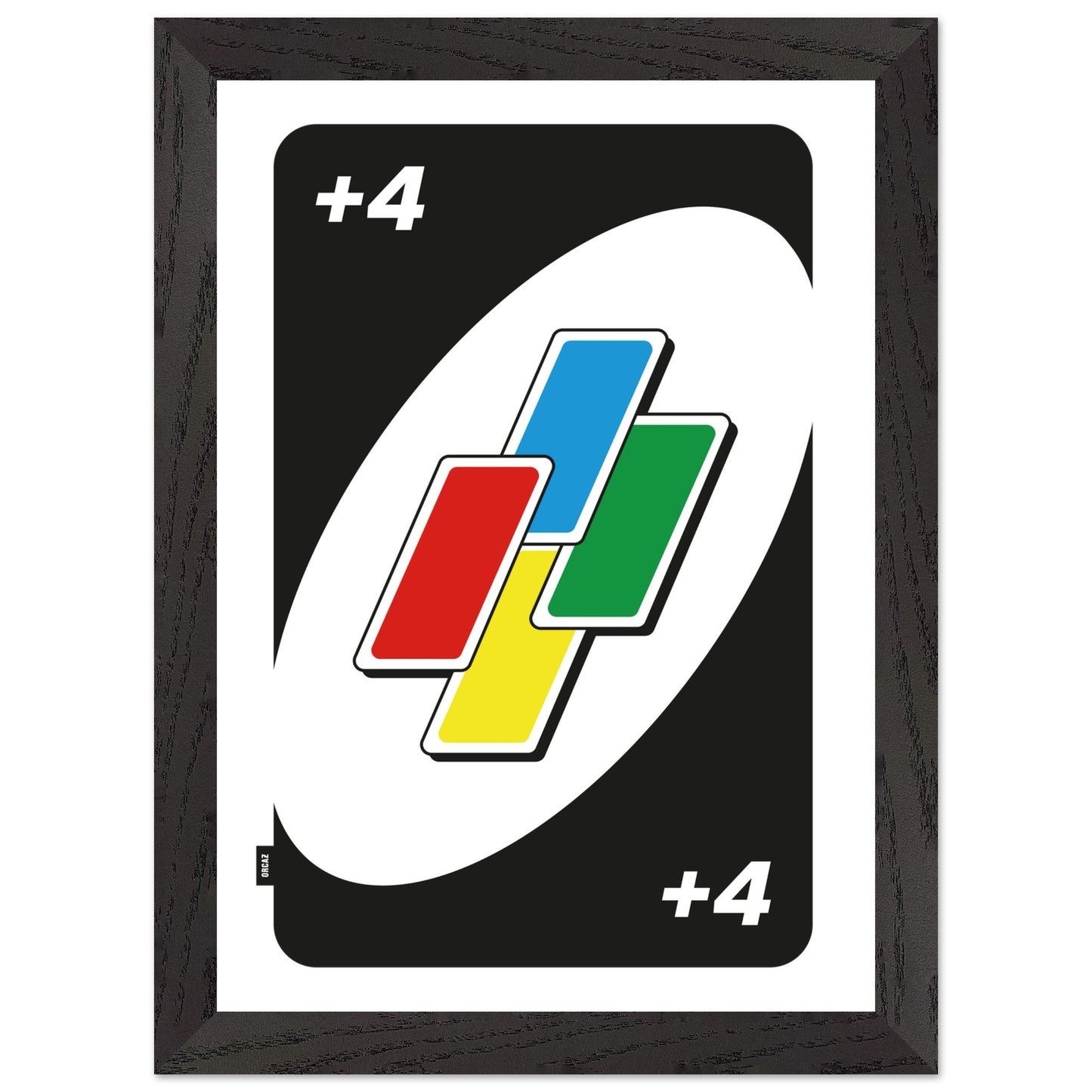 Affiche carte de jeu joker +4 avec cadre en bois