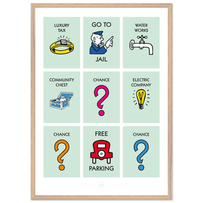 Affiche décorative avec encadrement inspirée des illustrations du jeu Monopoly.