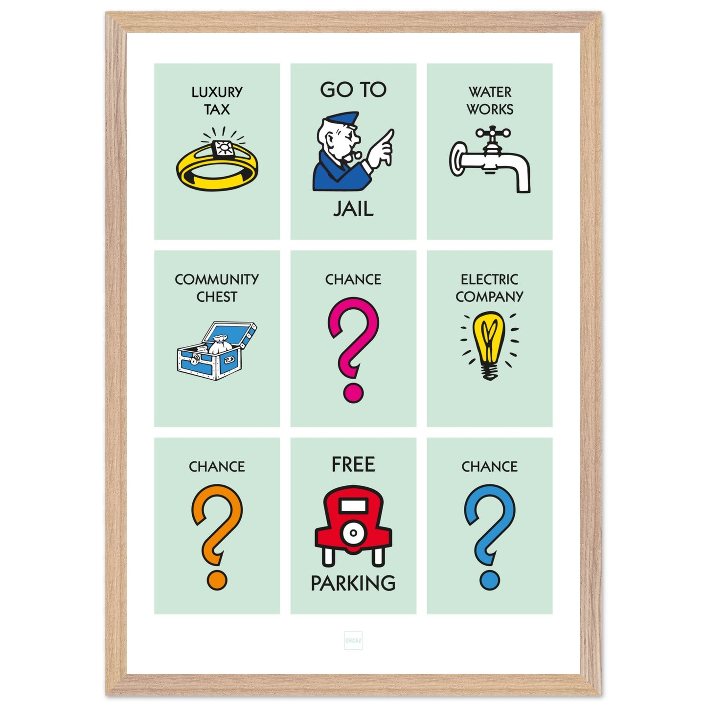 Affiche décorative avec encadrement en bois inspirée des illustrations du jeu Monopoly.