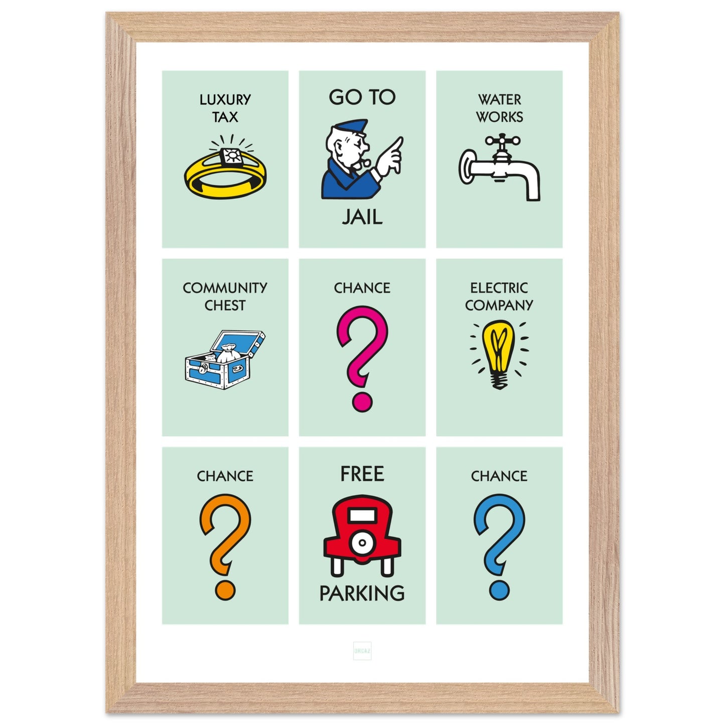 Affiche décorative avec encadrement inspirée des illustrations du jeu Monopoly.