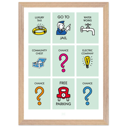 Affiche décorative avec encadrement inspirée des illustrations du jeu Monopoly.