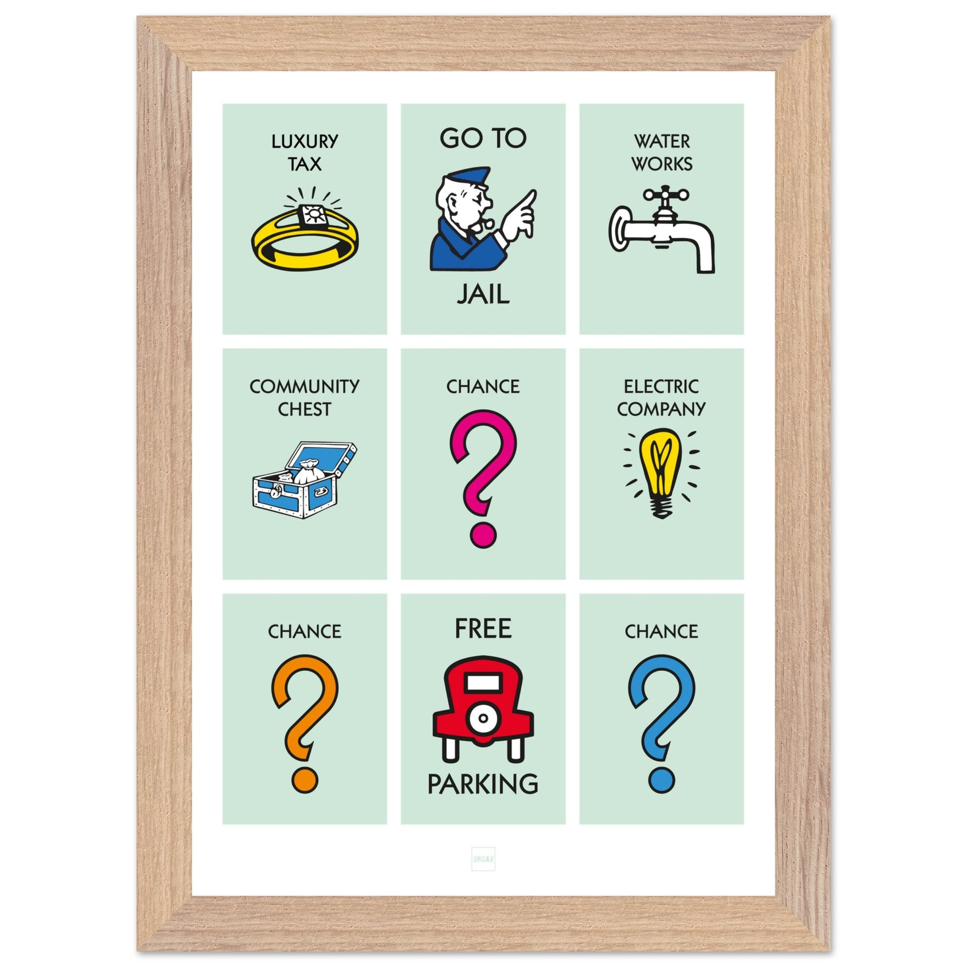 Affiche décorative avec encadrement inspirée des illustrations du jeu Monopoly.