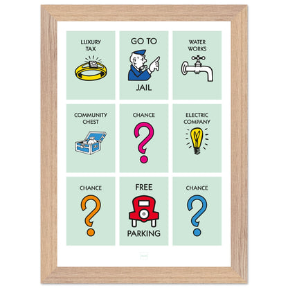 Affiche décorative avec encadrement inspirée des illustrations du jeu Monopoly.