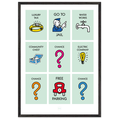 Affiche décorative avec encadrement inspirée des illustrations du jeu Monopoly.