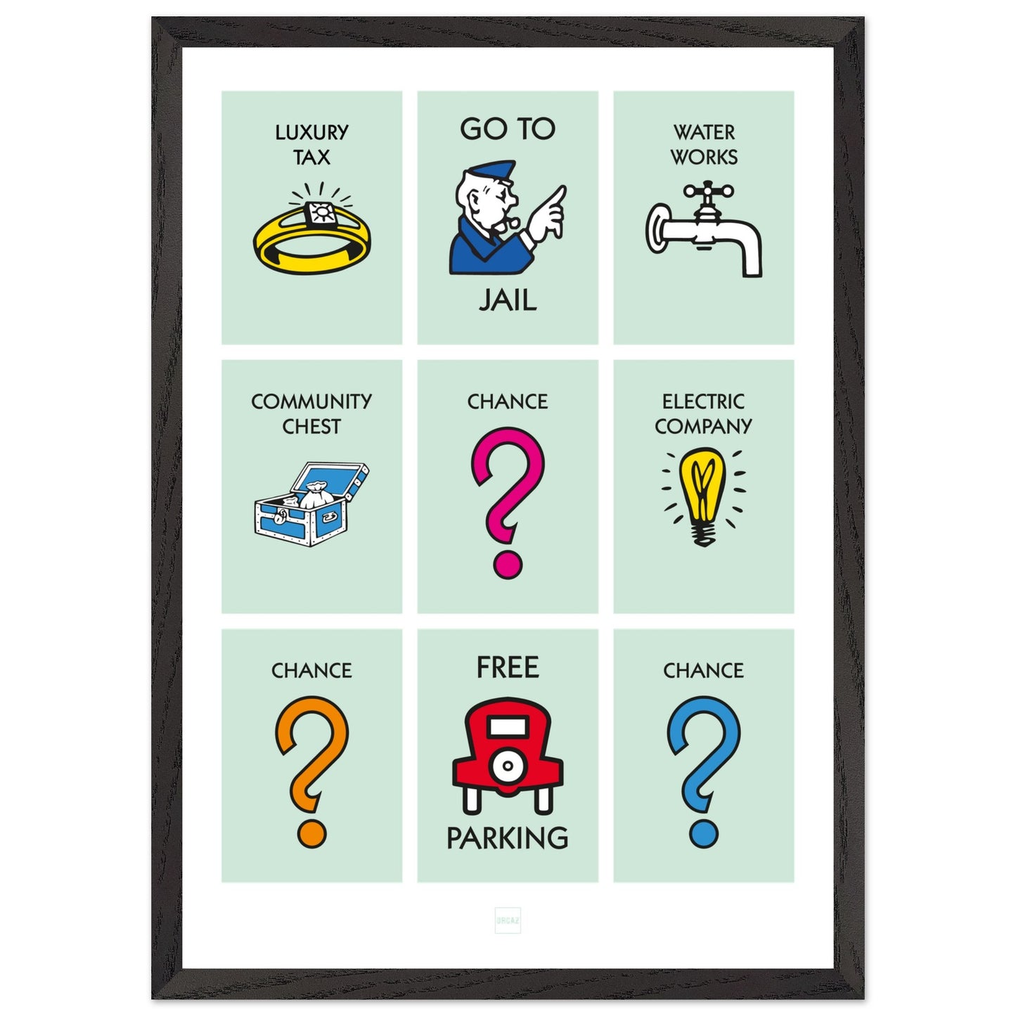 Affiche décorative avec encadrement inspirée des illustrations du jeu Monopoly.